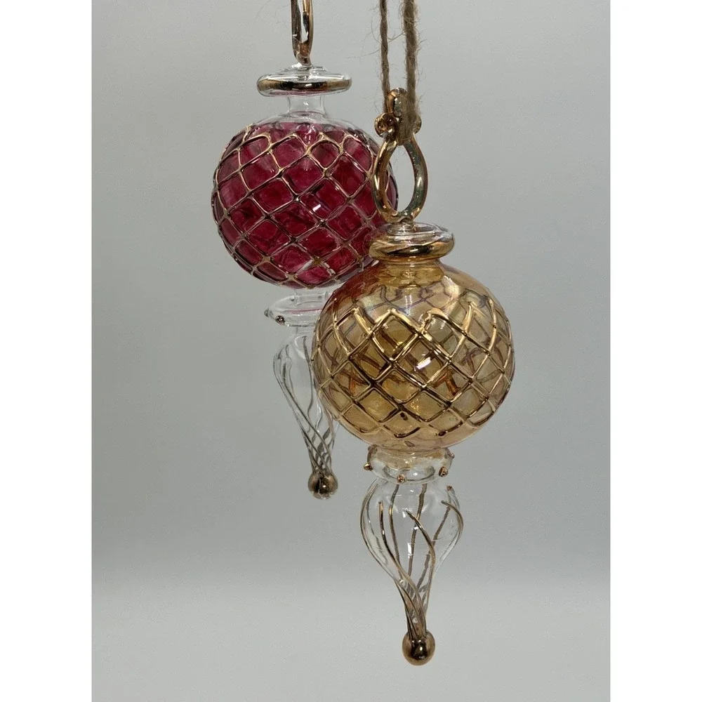 Vintage Hand Blown Glass Finial Christmas Ornaments Red Gold Lattice Set of 2